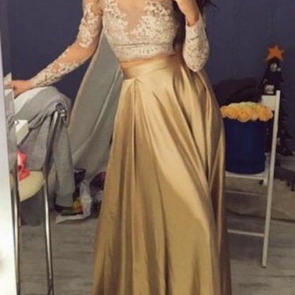 Two Piece Crew Floor-length Long Sleeves Gold..