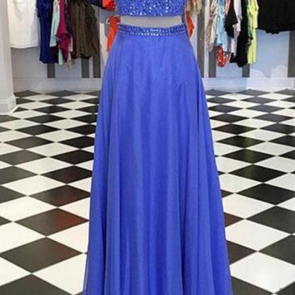 Two-piece Beading Prom Dress,v-neck Blue Prom..