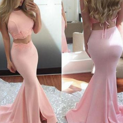 Pink Two Pieces Lace Long Prom Dres.. Pink Two..
