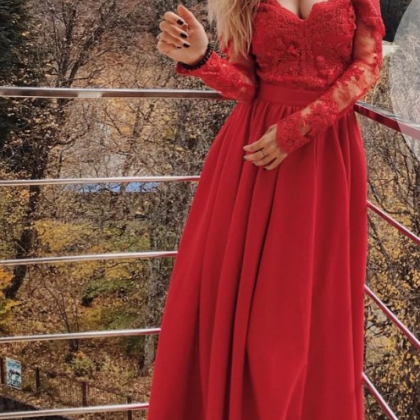 Red Long Sleeve Lace Elegant Prom Dress,long Prom..