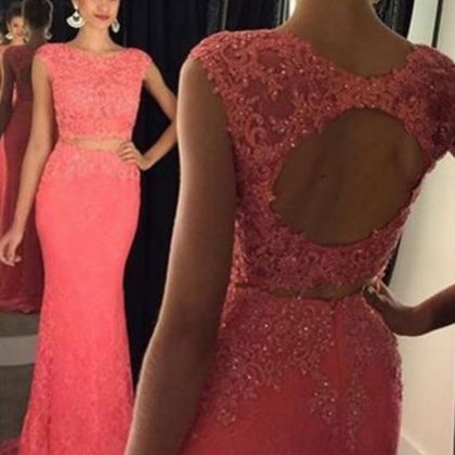 Sexy Two Piece Mermaid Open Back Coral Prom..