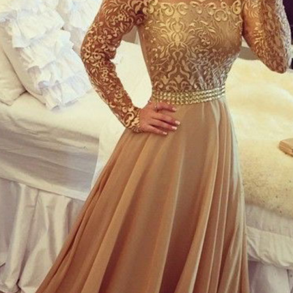 Elegant Long Sleeves Gold Prom Dresses Long..
