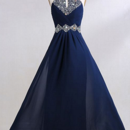 Halter Beaded A-line Floor-length Prom Dress,..