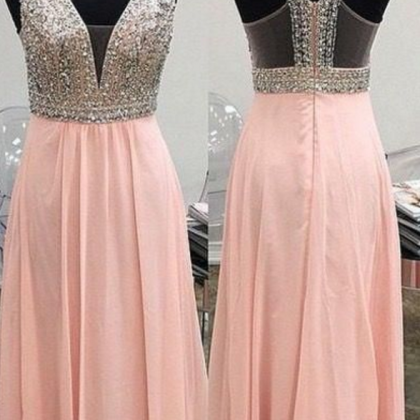 Charming Pink Chiffon Backless Prom Dresses V Neck..
