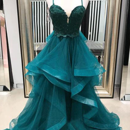 Straps Appliques Long Prom Dress, Ruffles Tulle..