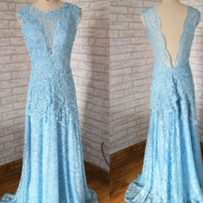 Long Prom Dress , Lace Prom Dress ,light Blue Prom..