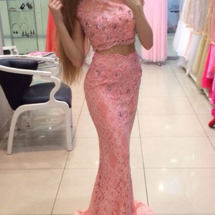 Pink Prom Dress,two Pieces Prom Dresses,mermaid..