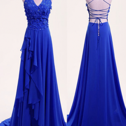 High Quality Blue Chiffon V-neckline Party Dress,..