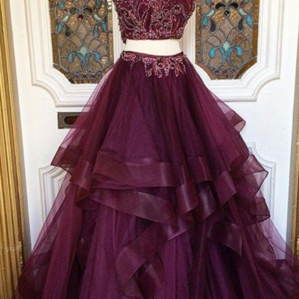 Two Pieces Burgundy Sequin Prom Dress, Long..