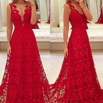 Custom Made Red Lace Prom Dress,v-neck Party..