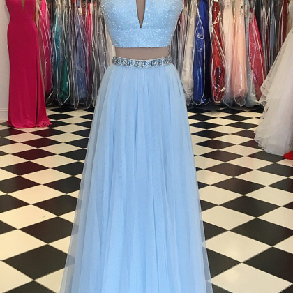 Sky Blue Two Piece Prom Dresses Real Photos Floor..