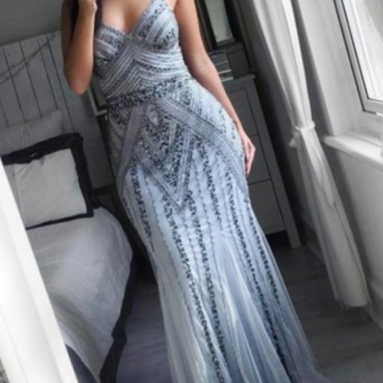 Mermaid Spaghetti Straps Grey Tulle Prom Dress..