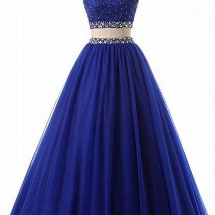 Royal Blue Jewel Neck Two Piece Prom Dresses..