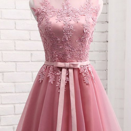 Pink High Neckline Lace Applique Homecoming..