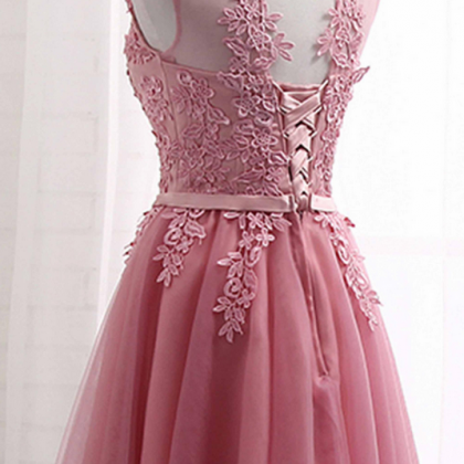 Pink High Neckline Lace Applique Homecoming..