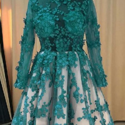 Lace Prom Dresses Green Round Neck Lace Tulle..
