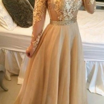 Appliques Gold Prom Dresses, Floor-length Prom..