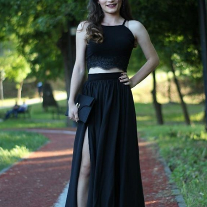 Elegant Black Two Piece Prom Dress, Long Party..