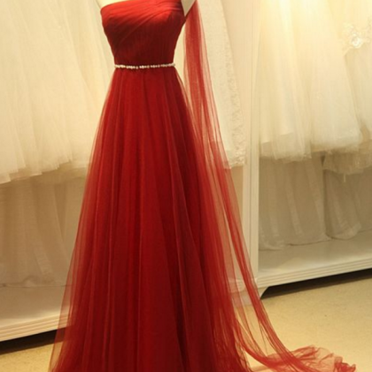 Pretty Tulle One Shoulder Prom Dress, Wine Red..