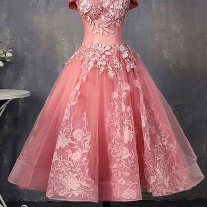 Pink Tulle Lace Off Shoulder Short Prom Dress,..