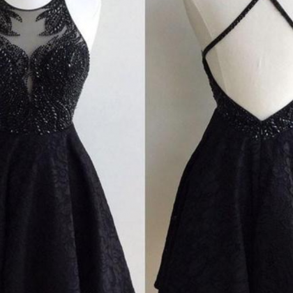 Black Lace Beaded Short Prom Dress, Cute Black..