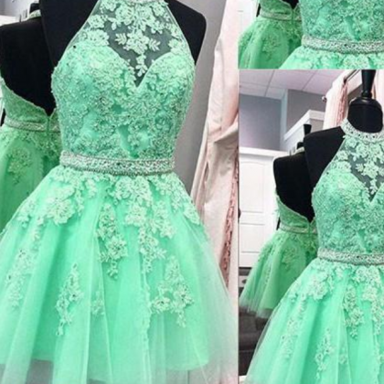 Green Lace Short Prom Dress, Green Homecoming..
