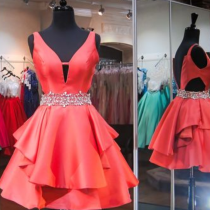 Coral V-neck Short Homecoming Dress, Backless,..