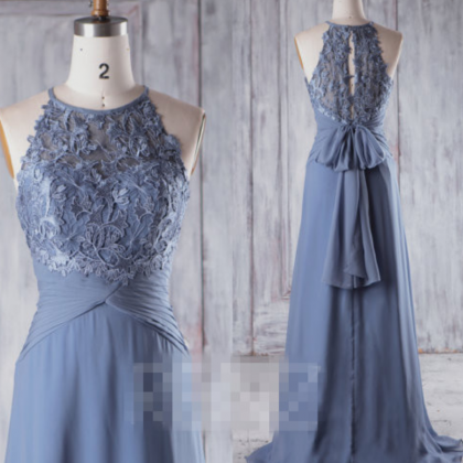 Steel Blue Chiffon Boho Bridesmaid Dress,..
