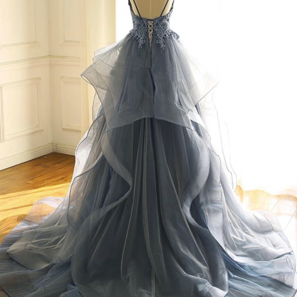 Blue Gray Tulle V Neck Long Ruffles Prom Dress,..