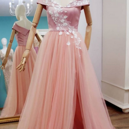 Pink Satin V Neck Long Slit Senior Prom Dress With..
