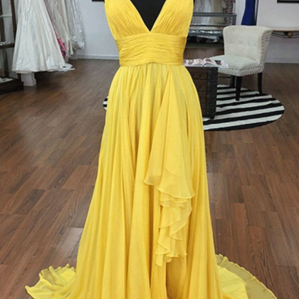 Fresh Yellow Chiffon V Neck Long Prom Dress,..