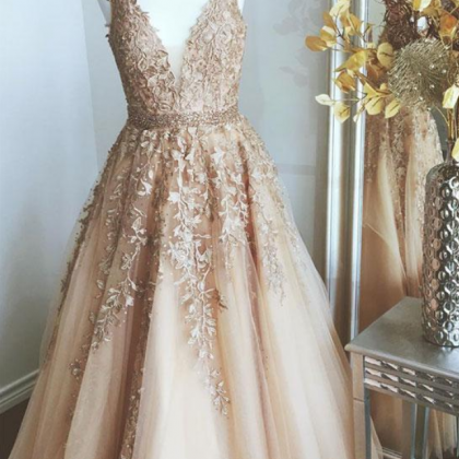 Champagne Tulle Lace Applique Long Beaded..