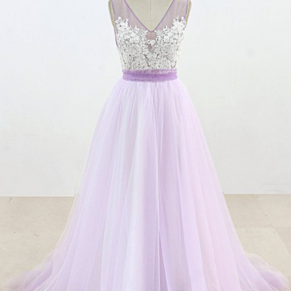Lavender Tulle V Neck Applique Long Evening Dress,..