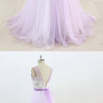Lavender Tulle V Neck Applique Long Evening Dress,..