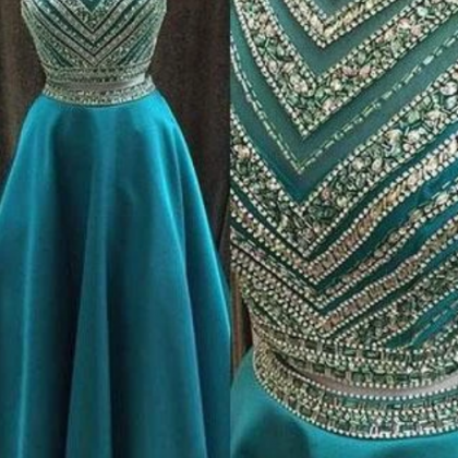 Two Pieces Beaded Crew Neck Prom Dress-zipper-up..