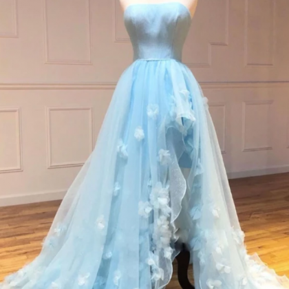 Blue Sweetheart Tulle Long Prom Dress, Blue Tulle..