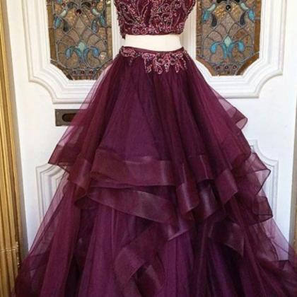 Two Pieces Burgundy Sequin Prom Dress, Long..