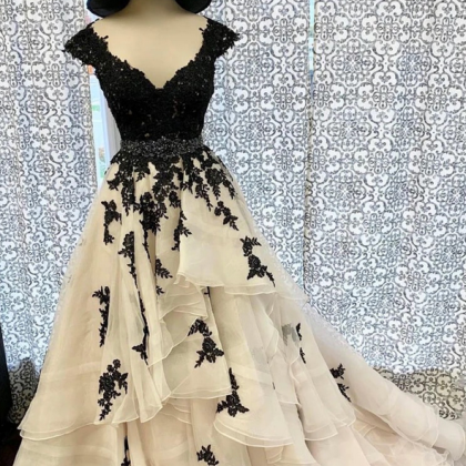Black Lace V Neck Long Beaded Waistline Prom Dress