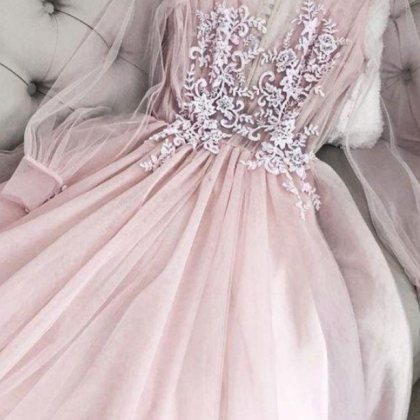 Pink Long Sleeves Tulle Lace Long Prom Gown