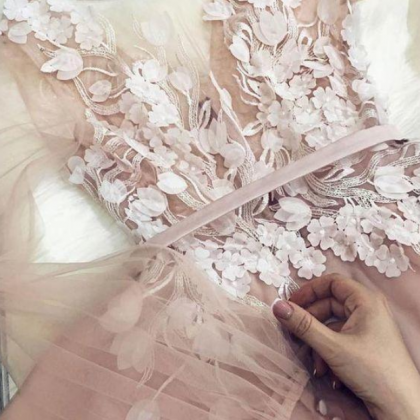 Light Pink Long Sleeves Tulle Prom Dress Princess Evening Gown with Lace UQP0268 main image 1