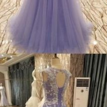 Light Purple Tulle Long Prom Gown, Lace Evening..