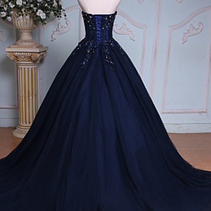 A-line Sweetheart Navy Blue Ball Gown Court Train..