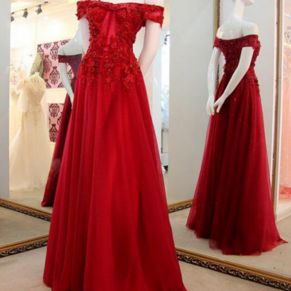 Red Off The Shoulder Prom Gown,applique Lace Long..