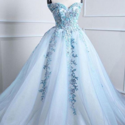 Blue Tulle Lace Applique Long Prom Dress, Blue..