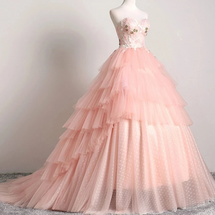 Ball Gown Pink 3d Lace Multi-layered Prom Dresses..