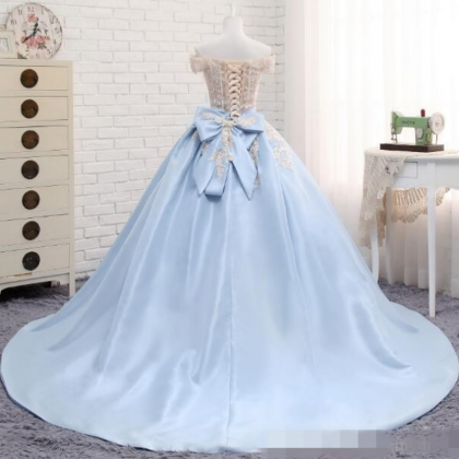 Baby Blue Off The Shoulder Sleeves Prom Dresses,..