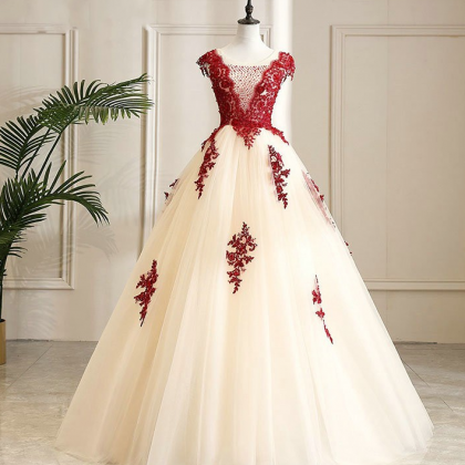 Burgundy Lace Embroidery Ball Gown Prom Dresses,..