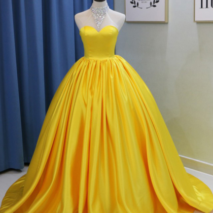 Yellow Long Backless Bead Quinceanera Dress, Sweet..