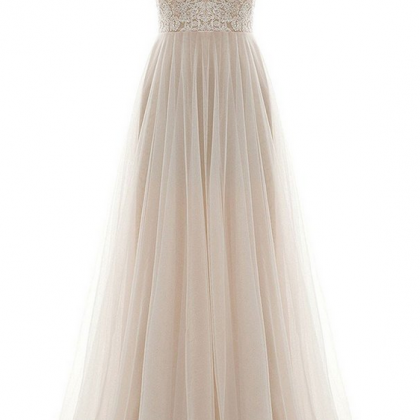 Champagne Round Neck Tulle Lace Long Prom Dress,..