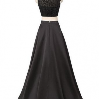Black Two-piece Beaded Prom Dress, Satin Long..